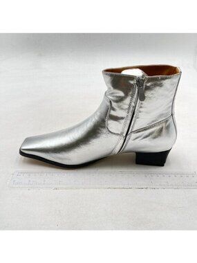 FOWT Silver Square Toe Side Zipper Ankle Boot Block Low Heel Short Boot